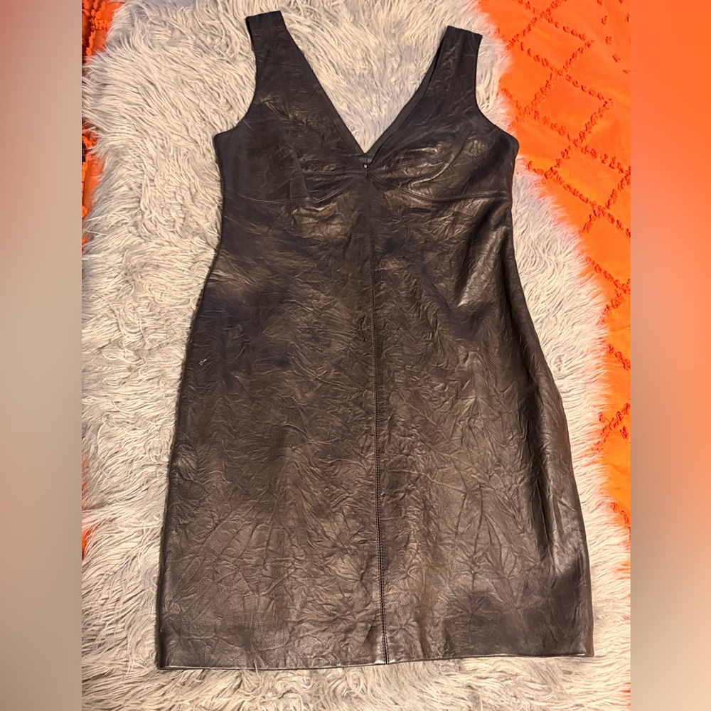 Robert Rodriguez Black Real Leather V-Neck Mini Dress